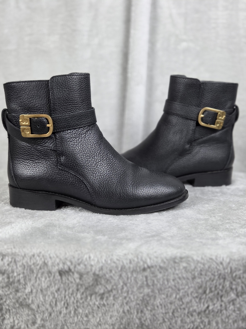 Tory Burch Black Pebbled Leather Ankle Booties with Gold Buckle Strap
